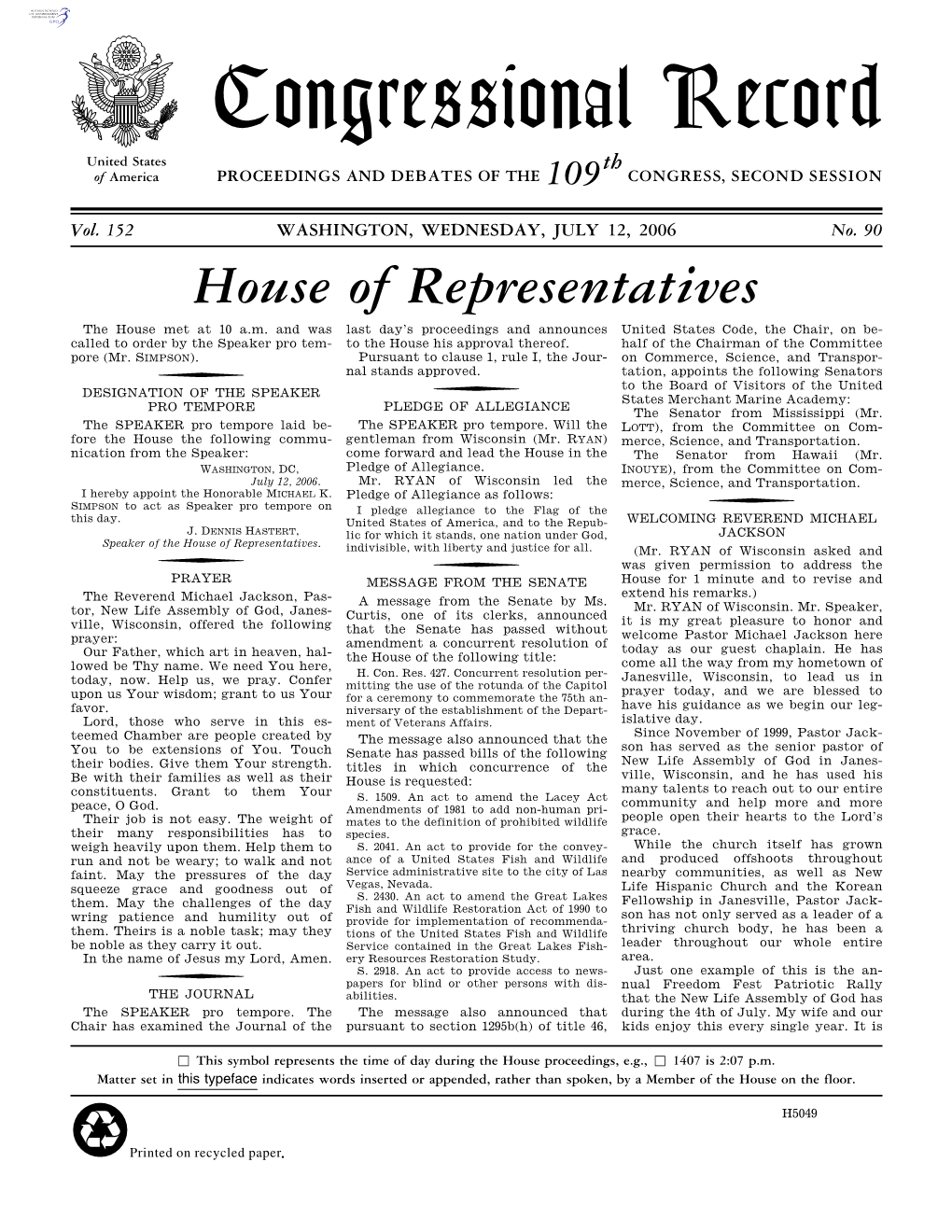 Congressional Record United States Th of America PROCEEDINGS and DEBATES of the 109 CONGRESS, SECOND SESSION