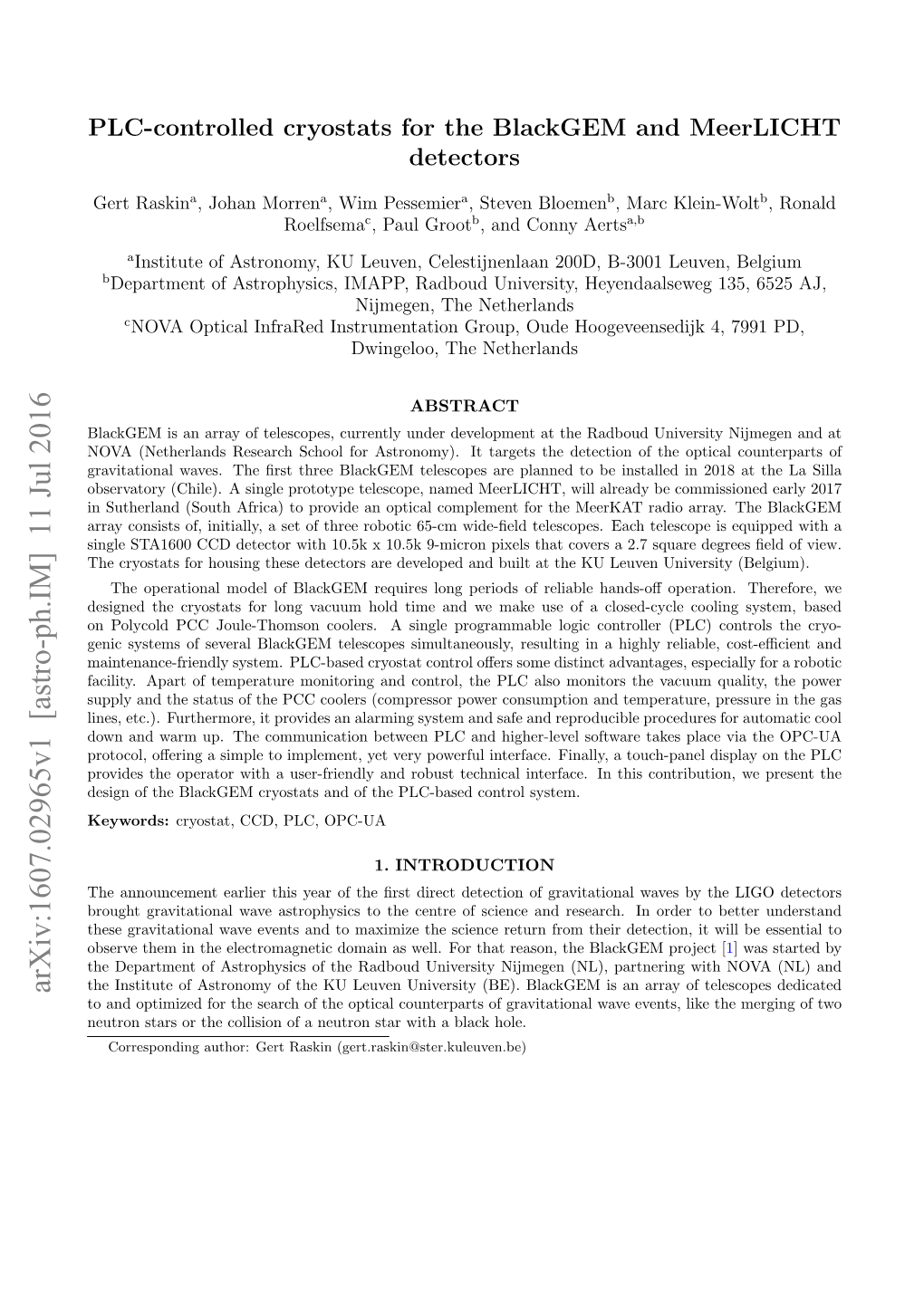 PLC-Controlled Cryostats for the Blackgem and Meerlicht Detectors