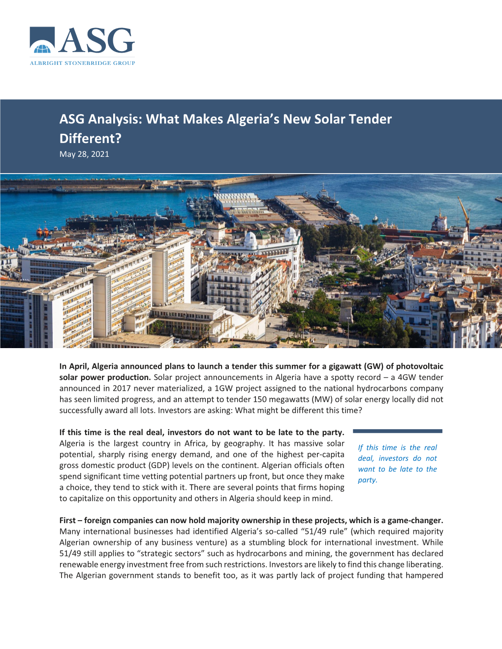 ASG Analysis: What Makes Algeria’S New Solar Tender Different? May 28, 2021
