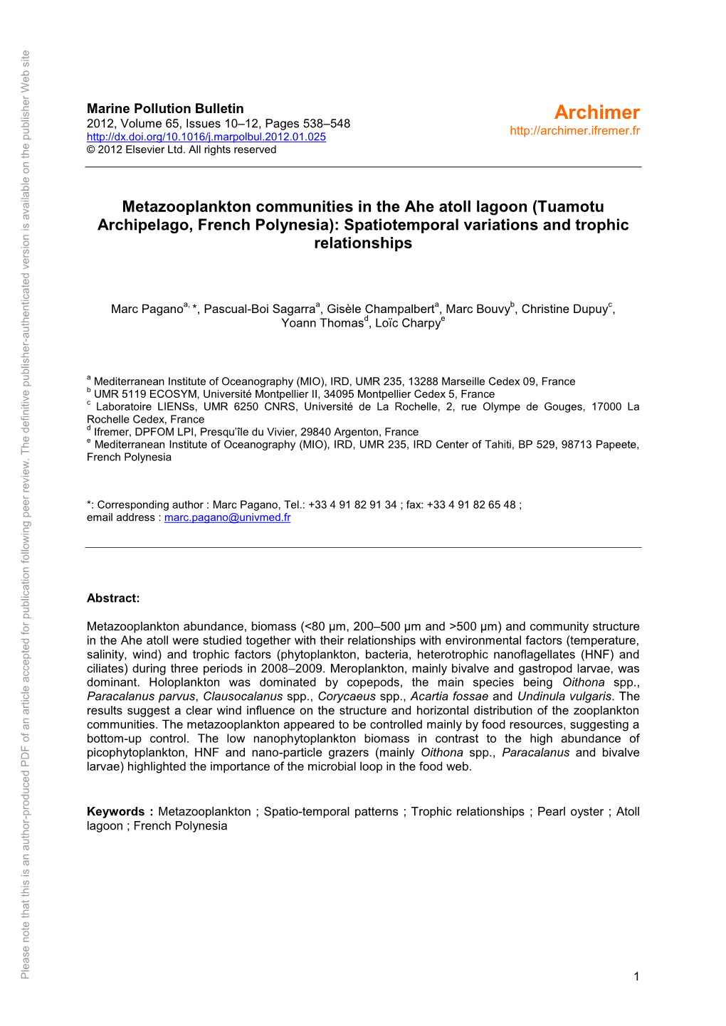 Metazooplankton Communities in the Ahe Atoll Lagoon (Tuamotu (Tuamotu Lagoon Ahe Atoll the in Communities Metazooplankton - French Polynesia ; French P Oto