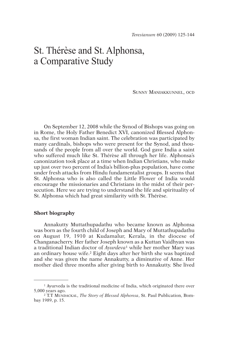 St. Thérèse and St. Alphonsa, a Comparative Study