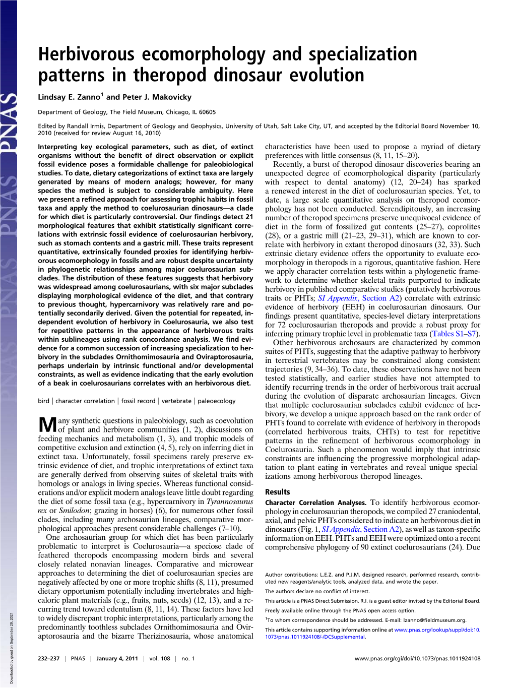 Herbivorous Ecomorphology and Specialization Patterns in Theropod Dinosaur Evolution