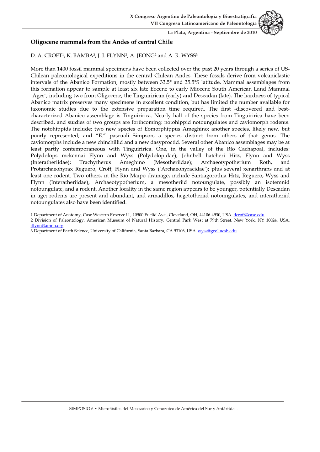 Oligocene Mammals from the Andes of Central Chile