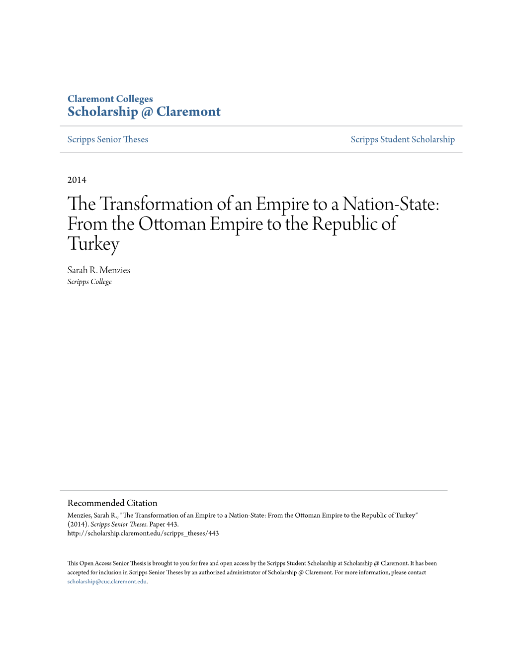 The Transformation of an Empire to a Nation-State: from the Ottoman Empire to the Republic of Turkey