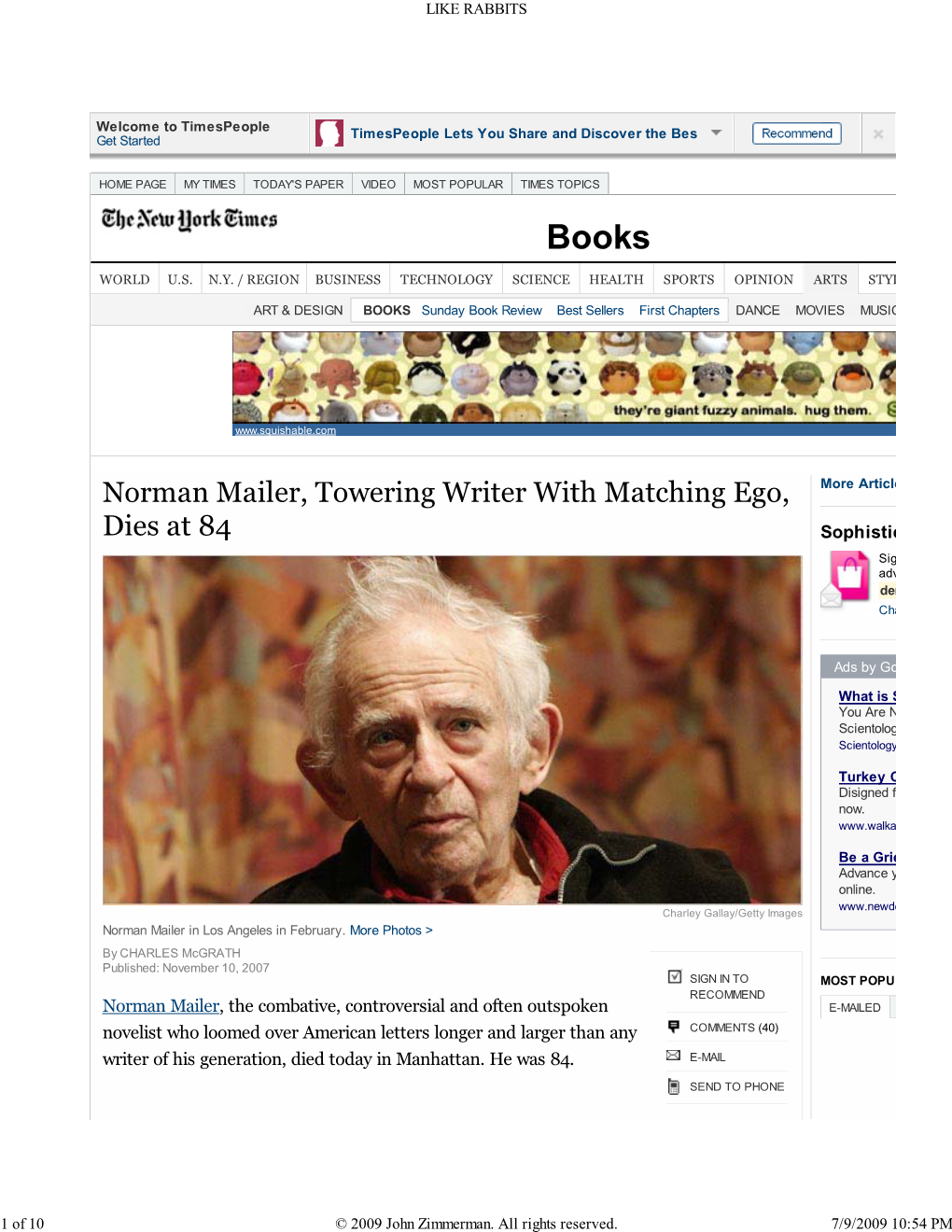 Norman Mailer, Towering Writer with Matching Ego, More Article Dies at 84 Sophistic Sig Adv Den Cha