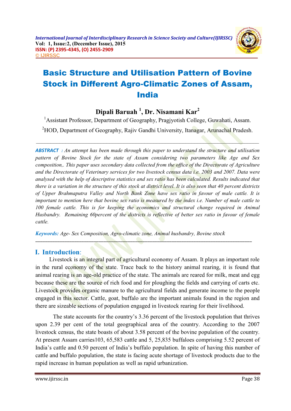 Basic Structure and Utilisation Pattern of Bovine Stock in Different Agro-Climatic Zones of Assam, India