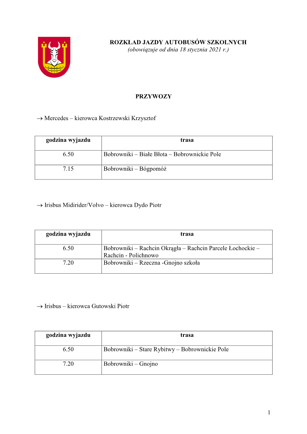 ROZKŁAD JAZDY AUTOBUSÓW SZKOLNYCH (Obowiązuje Od Dnia 18 Stycznia 2021 R.)