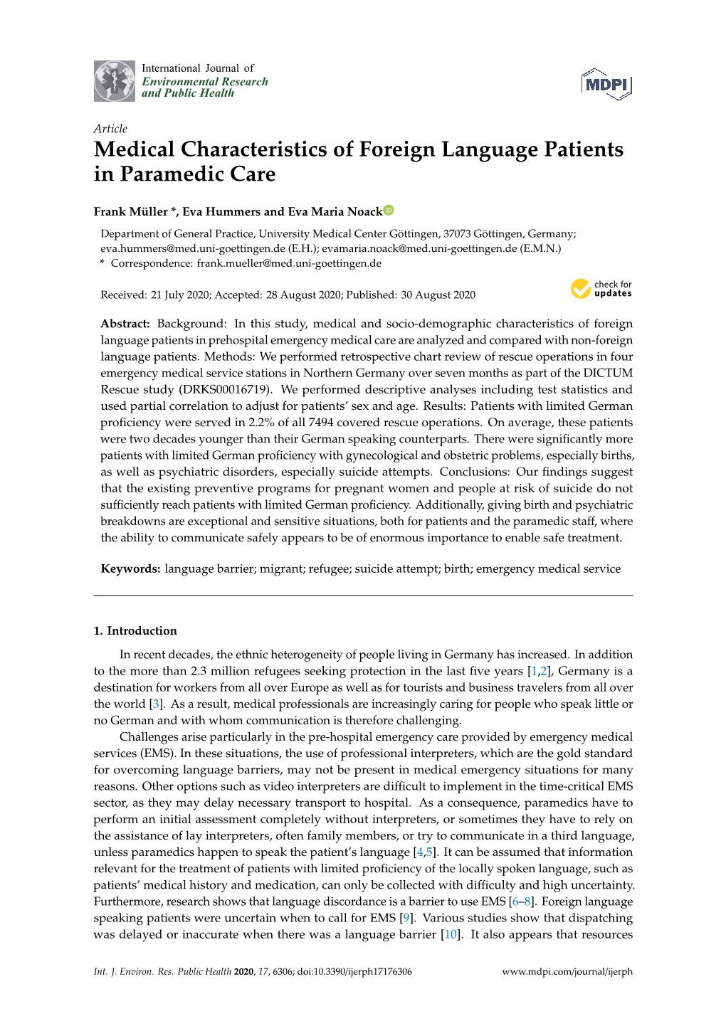Medical Characteristics of Foreign Language Patients in Paramedic Care