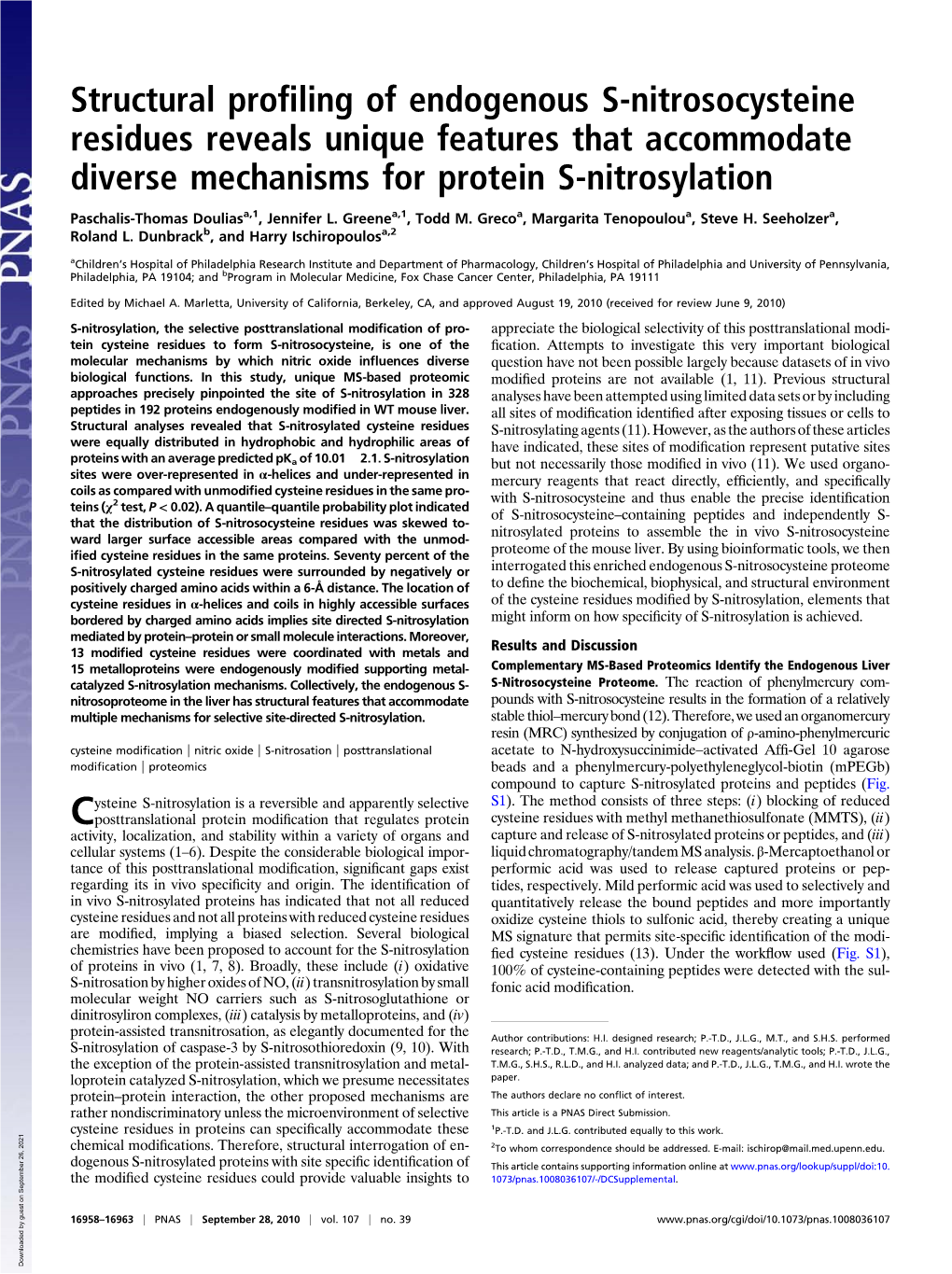 Structural Profiling of Endogenous S-Nitrosocysteine Residues Reveals