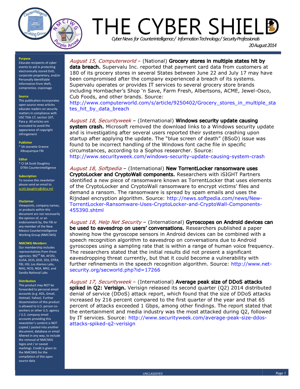 Cyber News for Counterintelligence / Information Technology / Security Professionals 20 August 2014