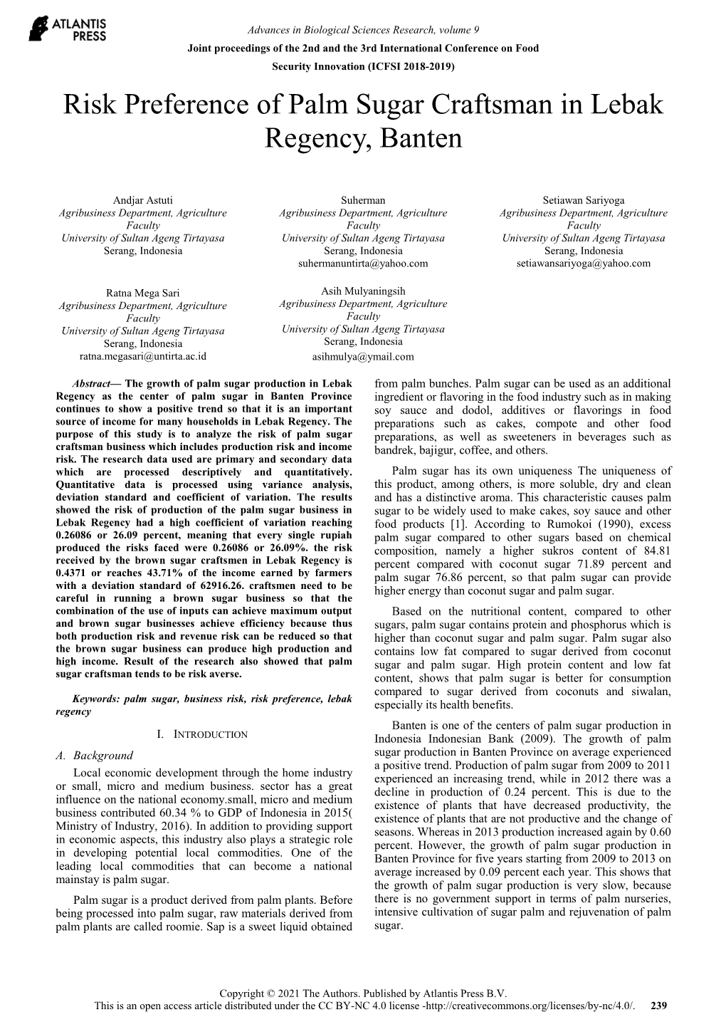 Risk Preference of Palm Sugar Craftsman in Lebak Regency, Banten