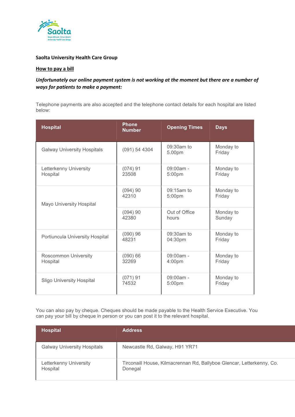 Saolta University Health Care Group How to Pay a Bill Unfortunately Our