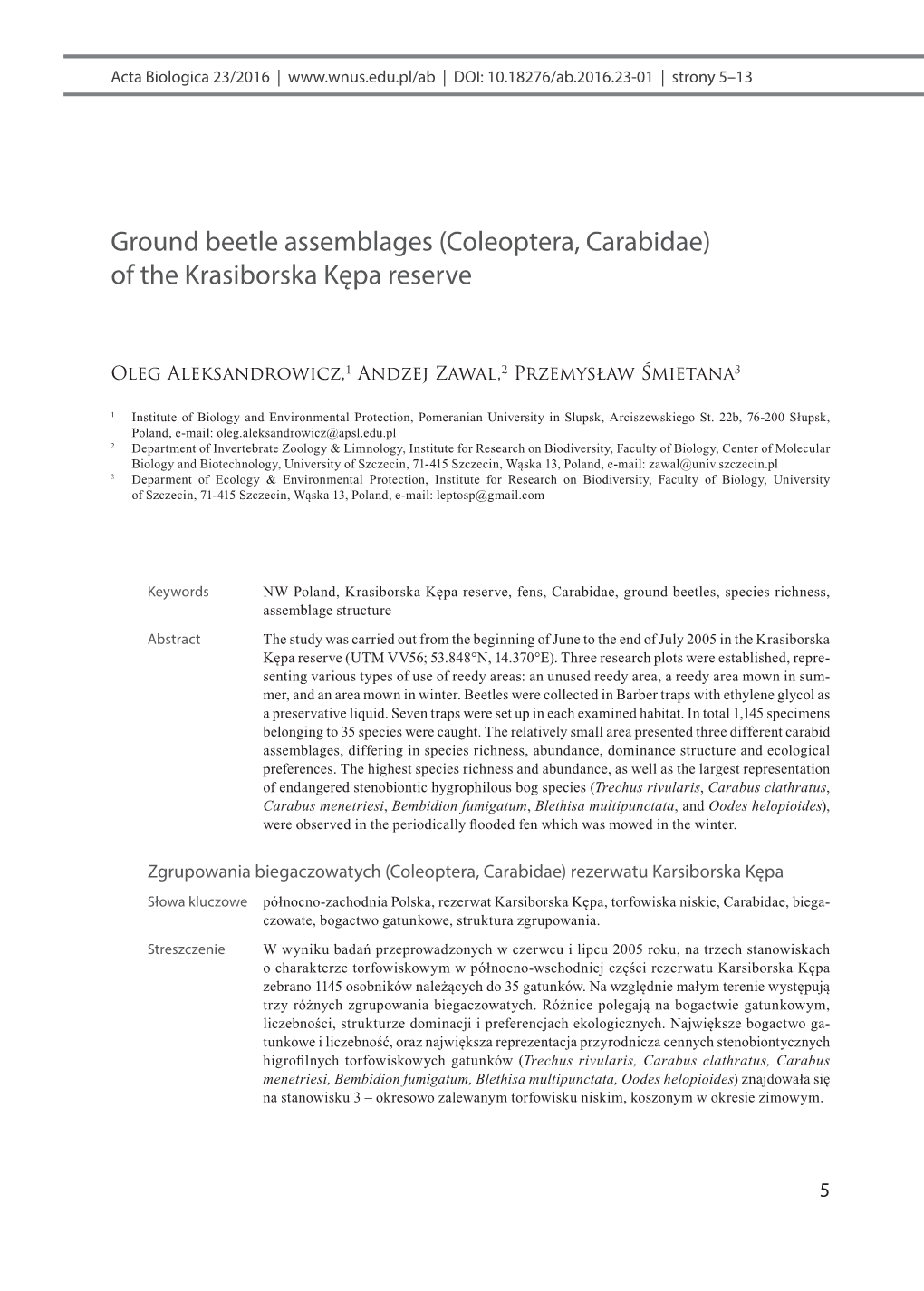 Coleoptera, Carabidae) of the Krasiborska Kępa Reserve