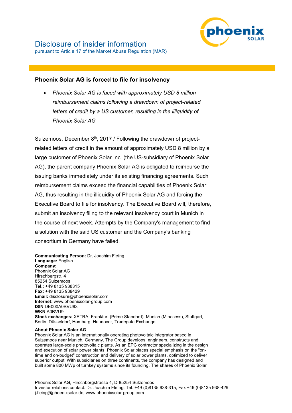 Disclosure of Insider Information Pursuant to Article 17 of the Market Abuse Regulation (MAR)