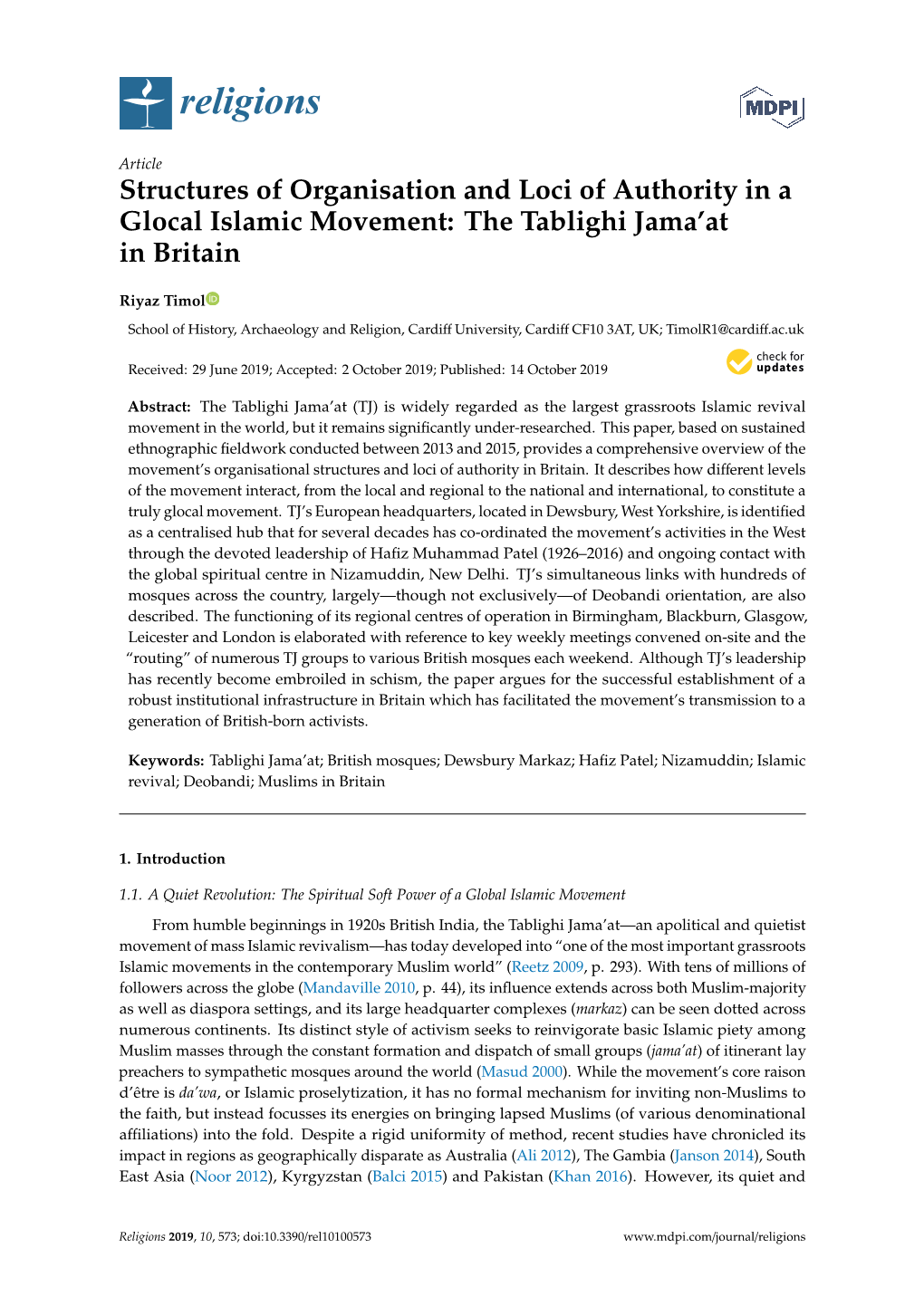 Structures of Organisation and Loci of Authority in a Glocal Islamic Movement: the Tablighi Jama’At in Britain