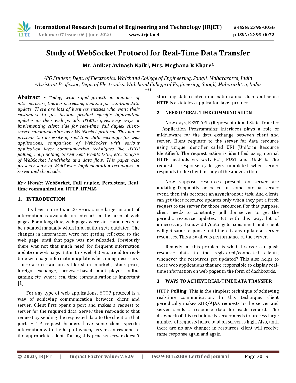 Study of Websocket Protocol for Real-Time Data Transfer Mr