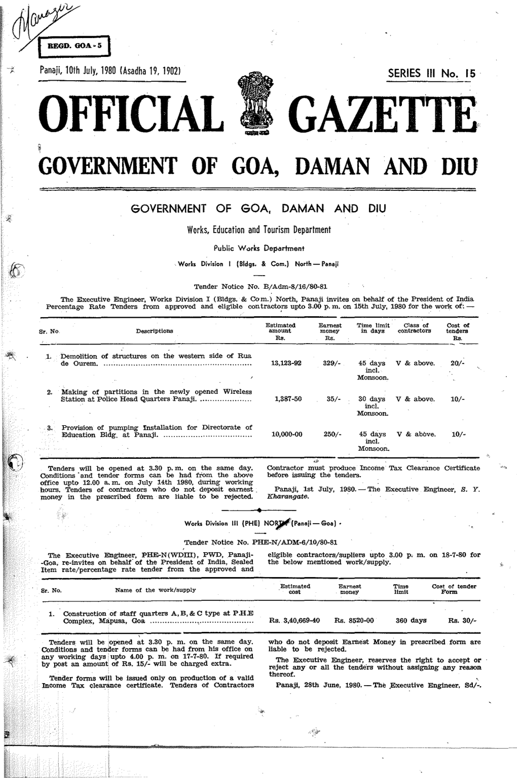 Official Gazette Government of Goa, Daman and Diu