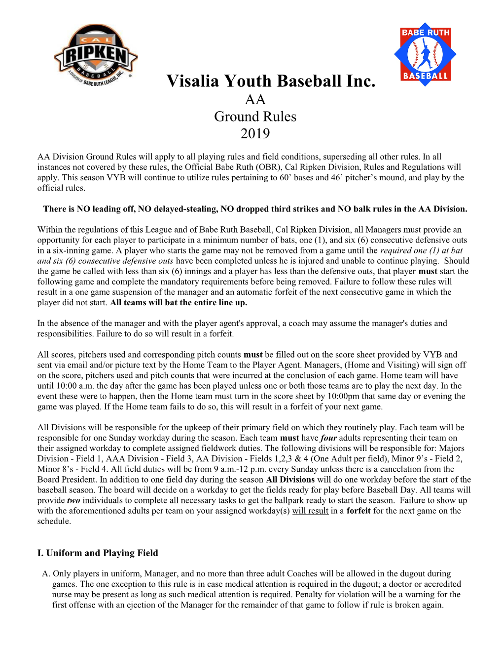 Visalia Youth Baseball Inc. AA Ground Rules 2019