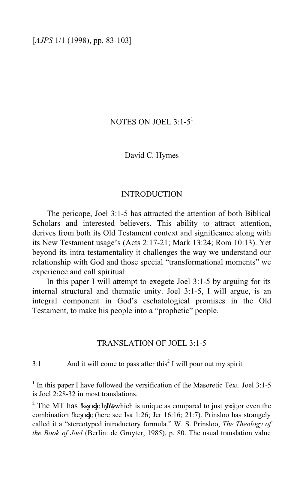 NOTES on JOEL 3:1-51 David C. Hymes