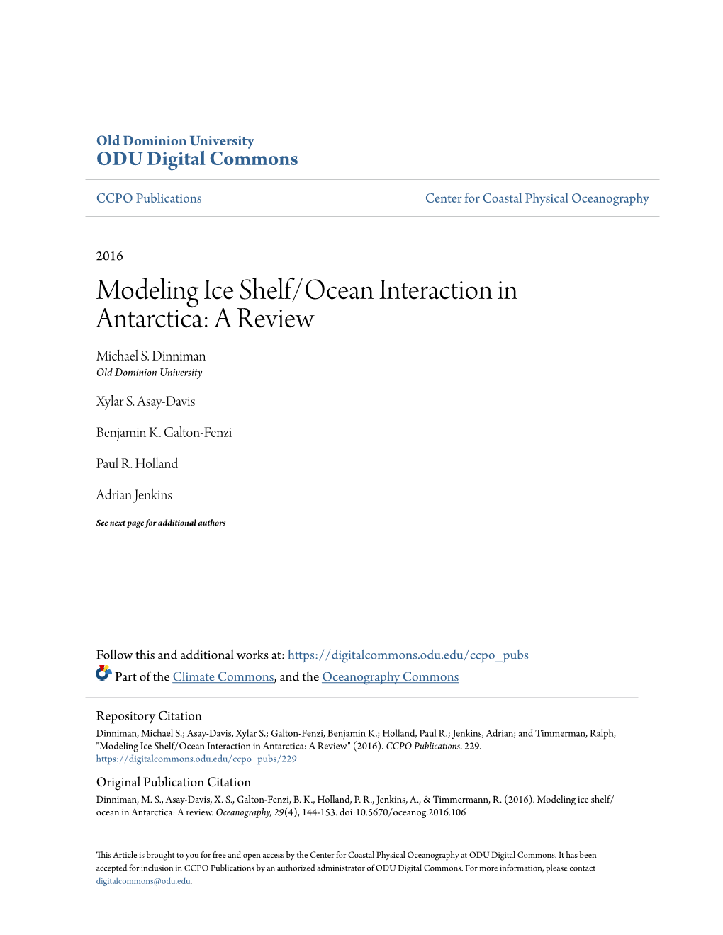 Modeling Ice Shelf/Ocean Interaction in Antarctica: a Review Michael S