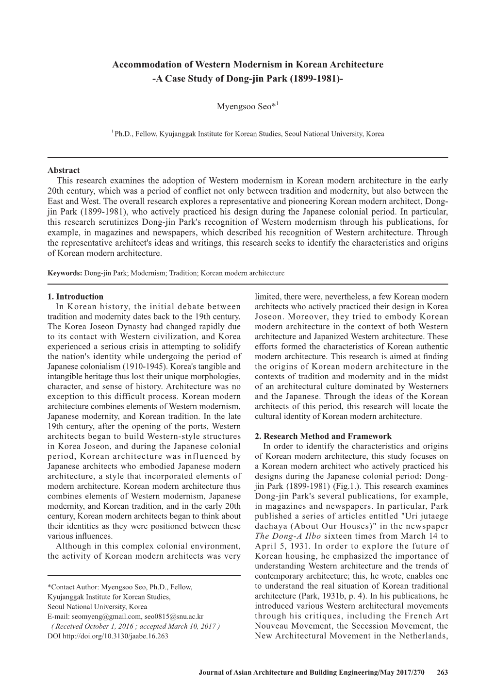 Accommodation of Western Modernism in Korean Architecture -A Case Study of Dong-Jin Park (1899-1981)