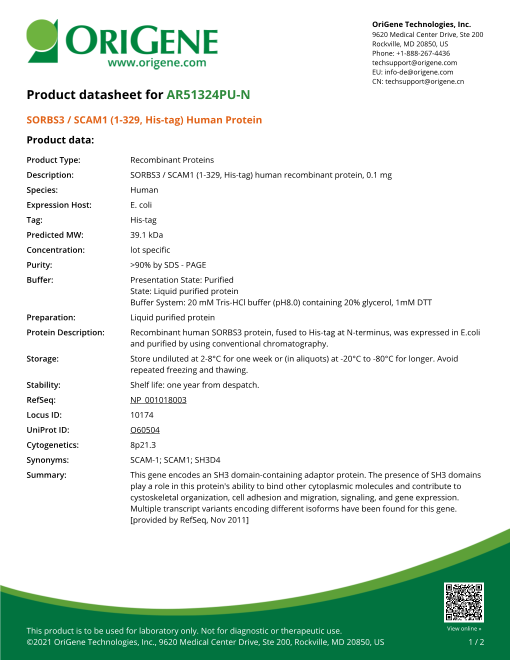 SORBS3 / SCAM1 (1-329, His-Tag) Human Protein – AR51324PU-N | Origene