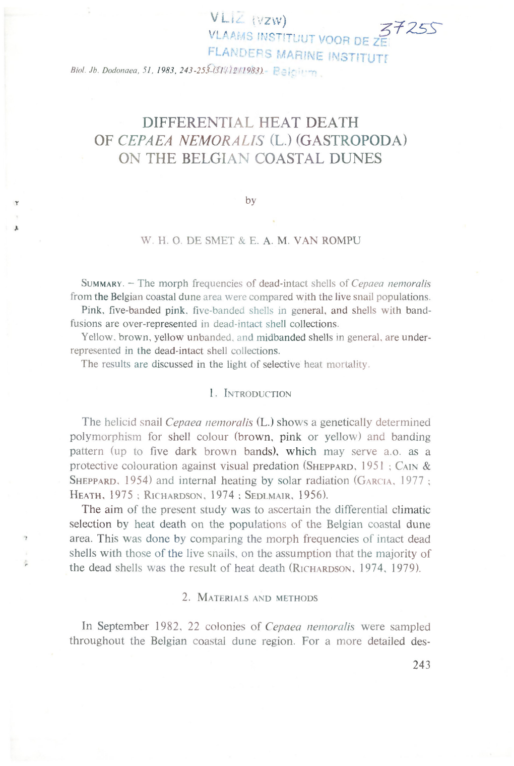 Differential Heat Death of Cepaea Nemoralis (L.) (Gastropoda) on the Belgian Coastal Dunes