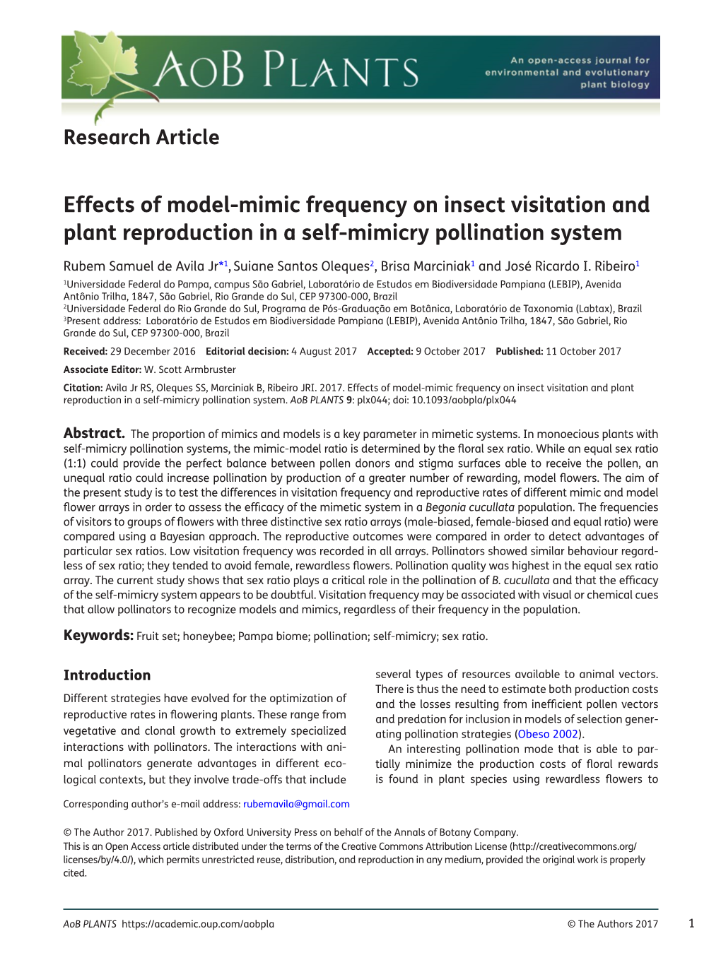 Effects of Model-Mimic Frequency on Insect Visitation and Plant Reproduction in a Self-Mimicry Pollination System