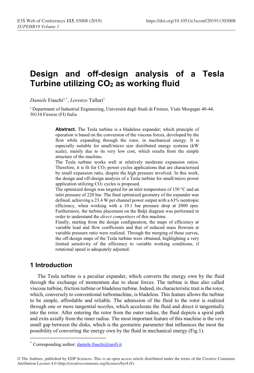 Design and Off-Design Analysis of a Tesla Turbine Utilizing CO2 As Working Fluid