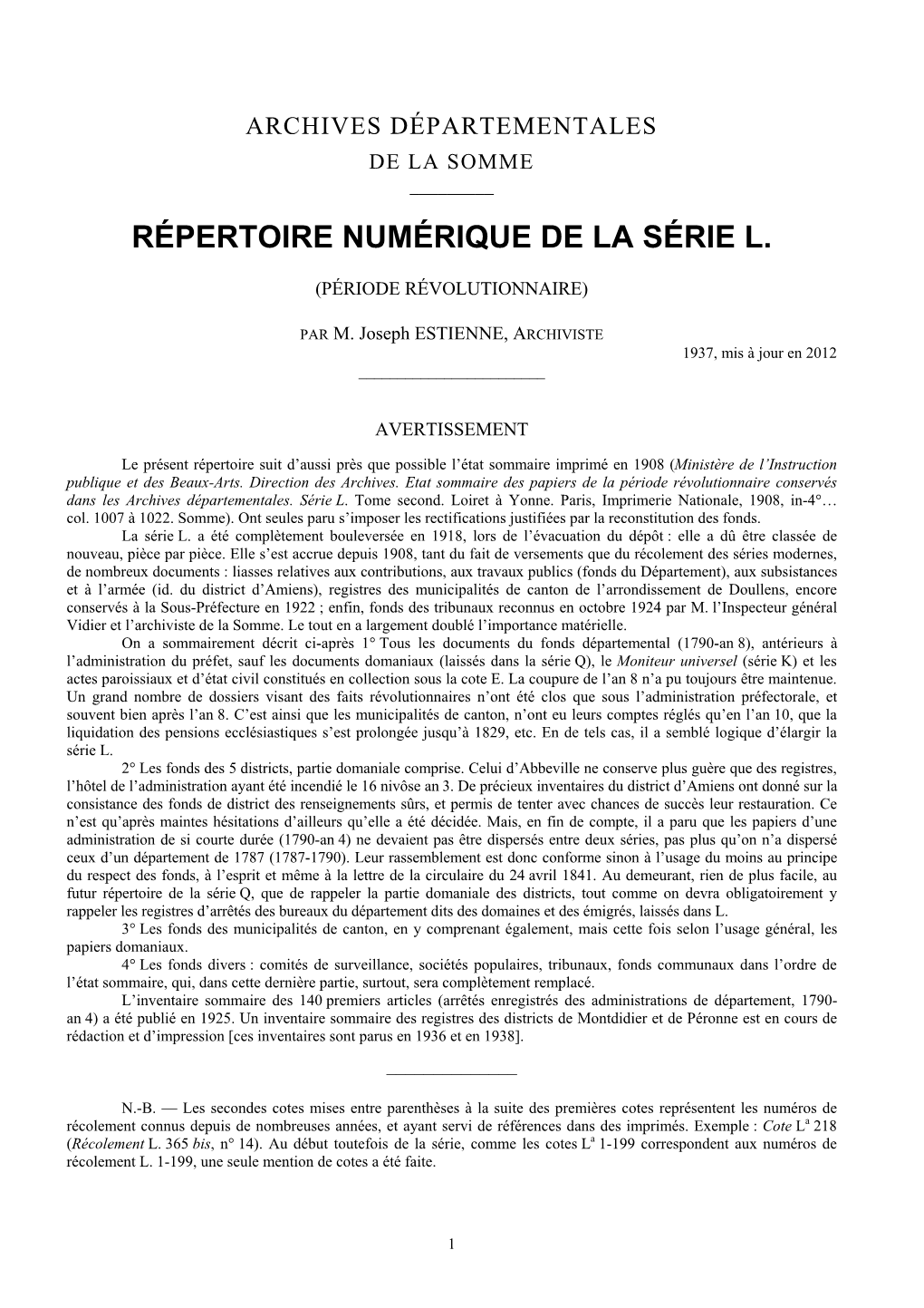 Répertoire Numérique De La Série L (Période Révolutionnaire)