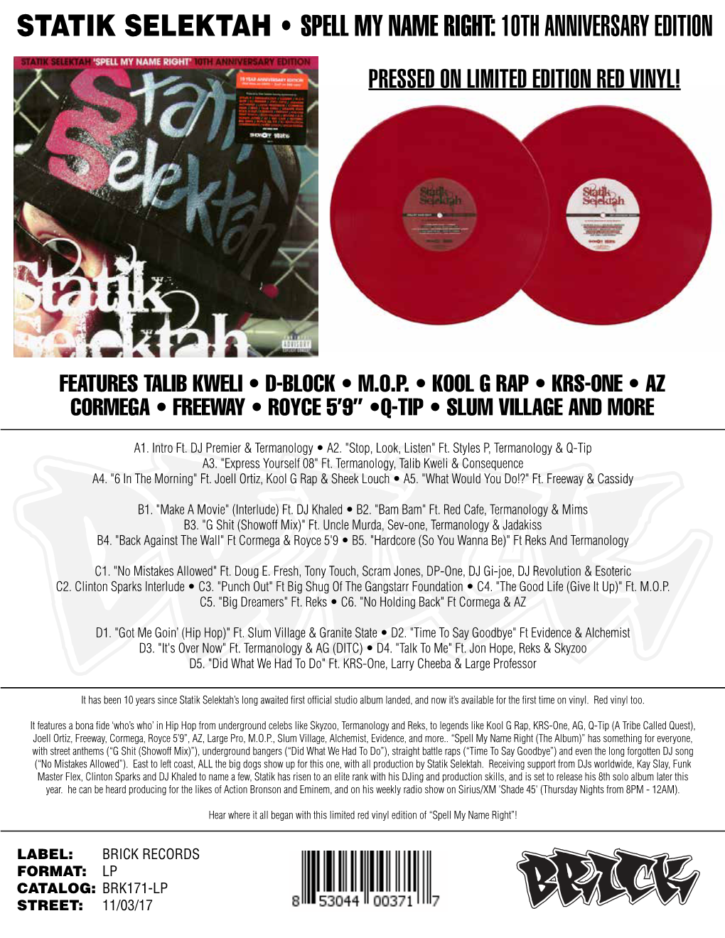 BRK 171 STATIK SELEKTAH Spell My Name Right 10Th Anniversary LP