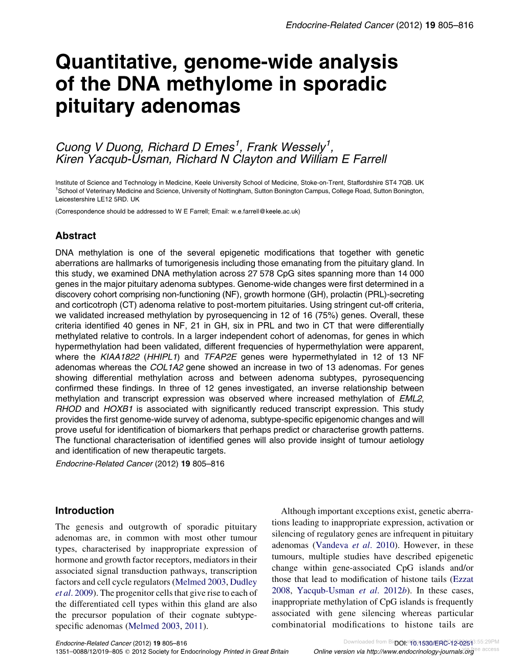 Quantitative, Genome-Wide Analysis of the DNA Methylome in Sporadic Pituitary Adenomas