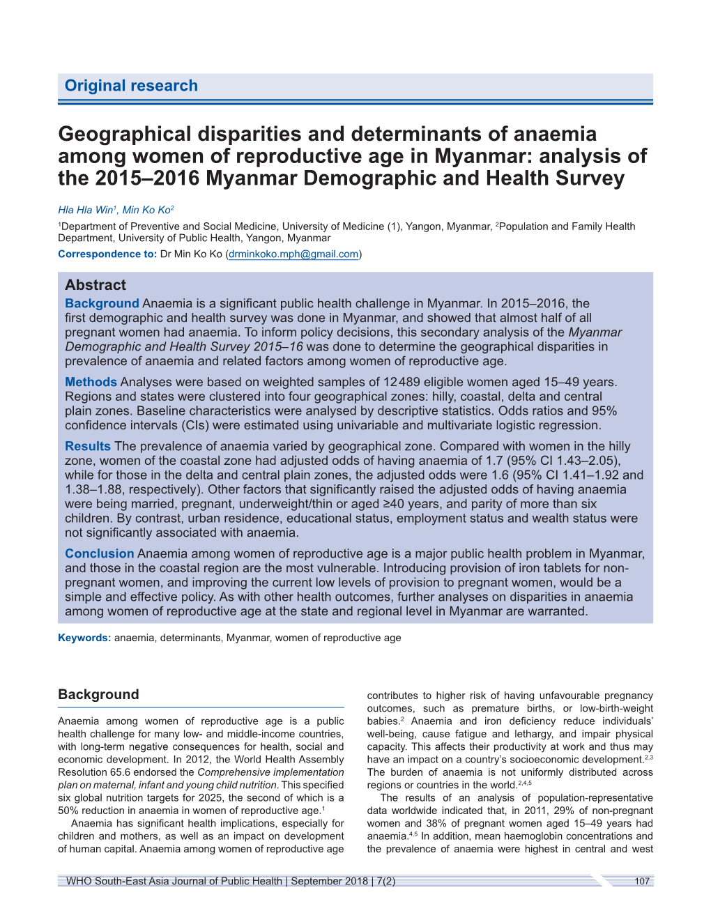 Geographical Disparities and Determinants of Anaemia Among Women of Reproductive Age in Myanmar: Analysis of the 2015–2016 Myanmar Demographic and Health Survey