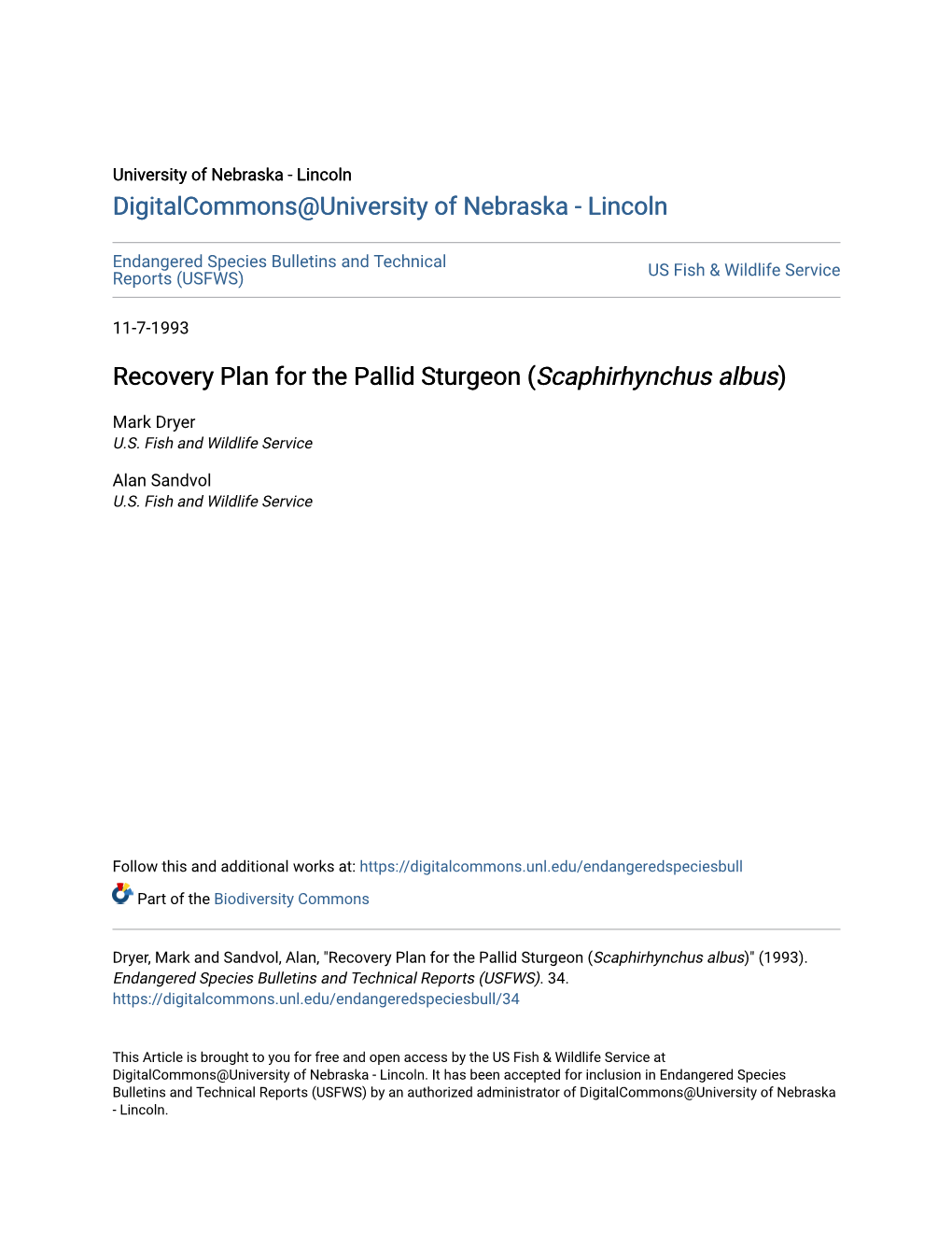 Recovery Plan for the Pallid Sturgeon (Scaphirhynchus Albus)