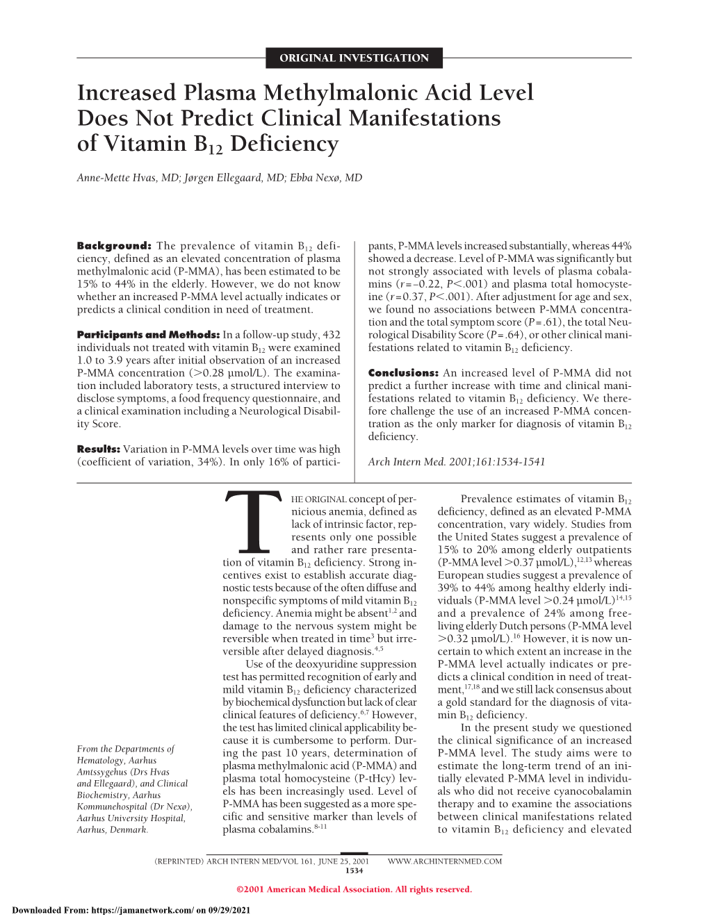 Increased Plasma Methylmalonic Acid Level Does Not Predict Clinical Manifestations of Vitamin B12 Deficiency