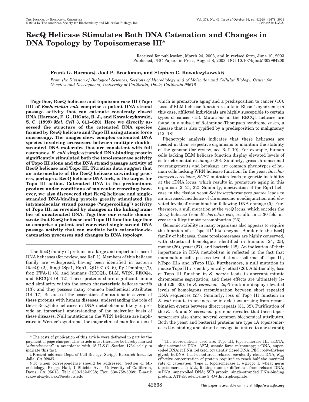 Recq Helicase Stimulates Both DNA Catenation and Changes in DNA Topology by Topoisomerase III*