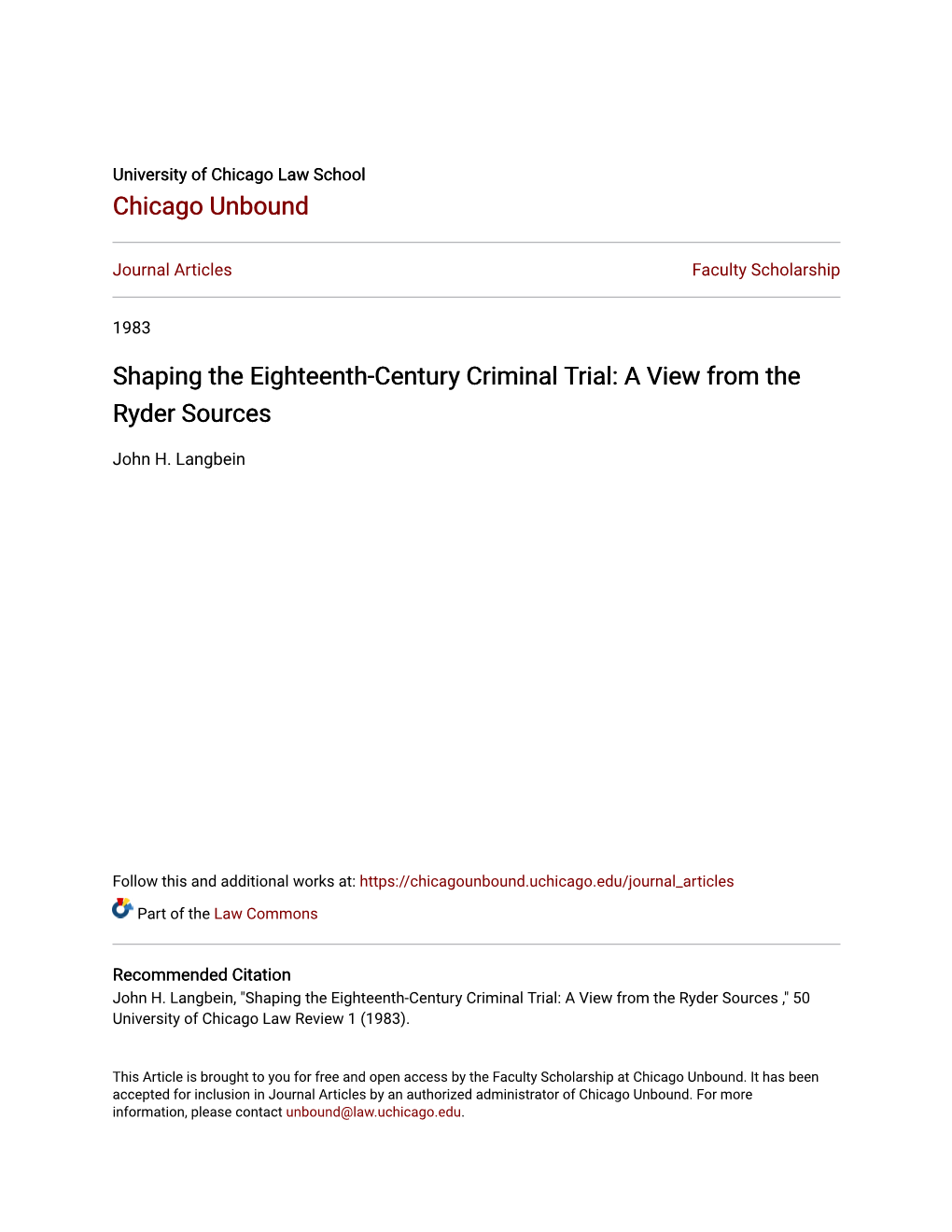 Shaping the Eighteenth-Century Criminal Trial: a View from the Ryder Sources