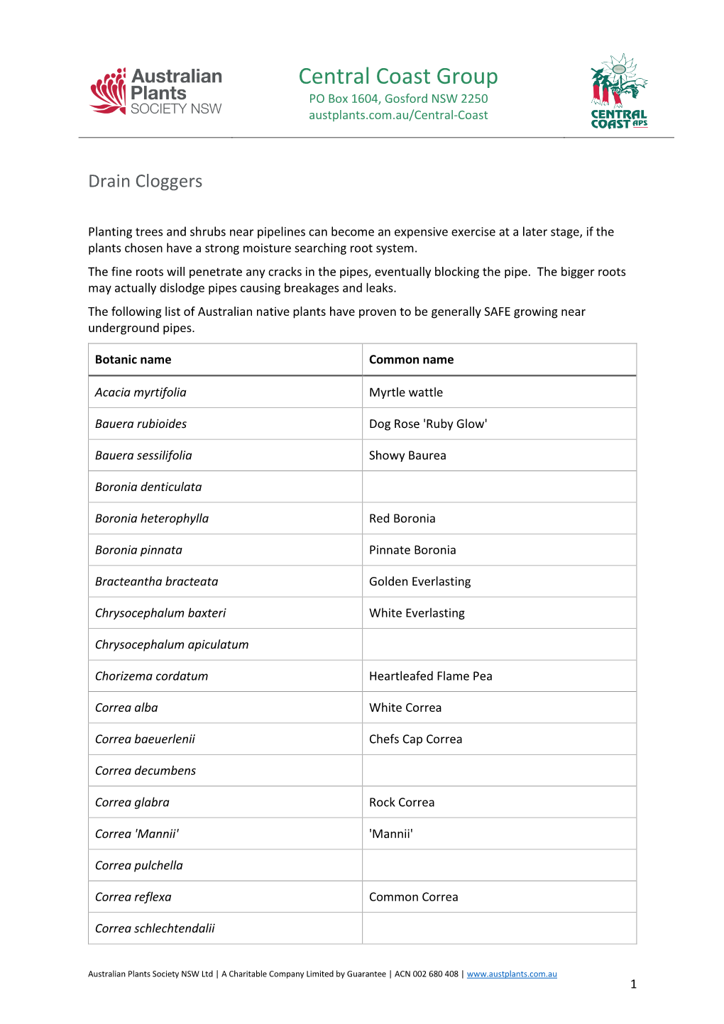 Central Coast Group PO Box 1604, Gosford NSW 2250 Austplants.Com.Au/Central-Coast