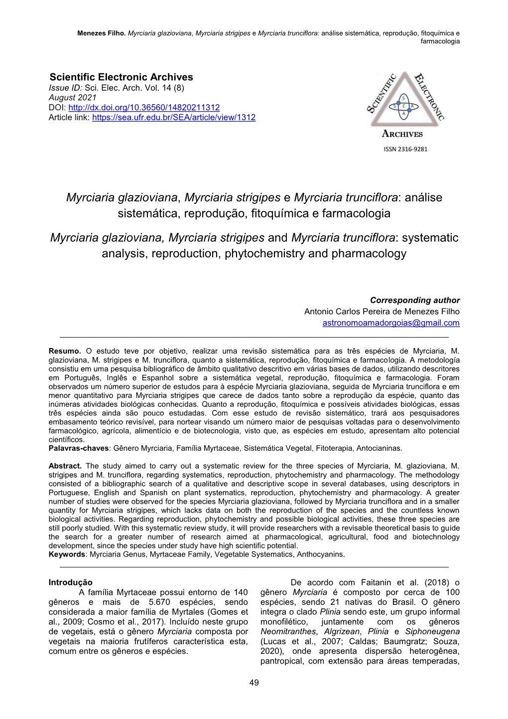 Myrciaria Glazioviana, Myrciaria Strigipes E Myrciaria Trunciflora: Análise Sistemática, Reprodução, Fitoquímica E Farmacologia