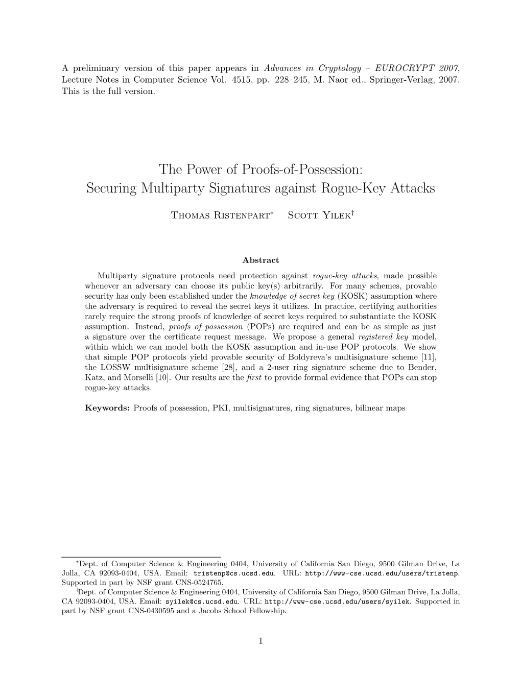 The Power of Proofs-Of-Possession: Securing Multiparty Signatures Against Rogue-Key Attacks