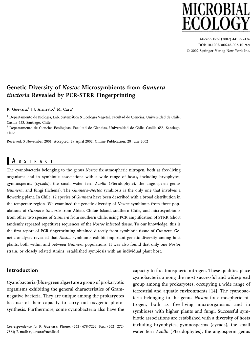 Genetic Diversity of Nostoc Microsymbionts from Gunnera Tinctoria Revealed by PCR-STRR Fingerprinting