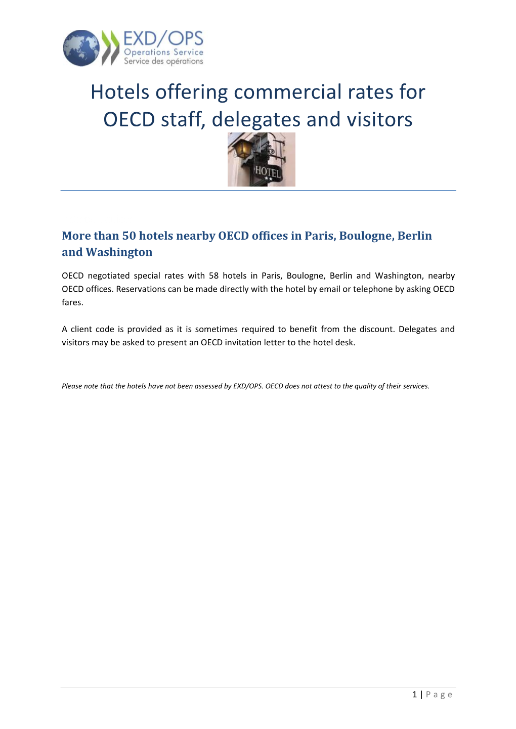 Hotels Offering Commercial Rates for OECD Staff, Delegates and Visitors