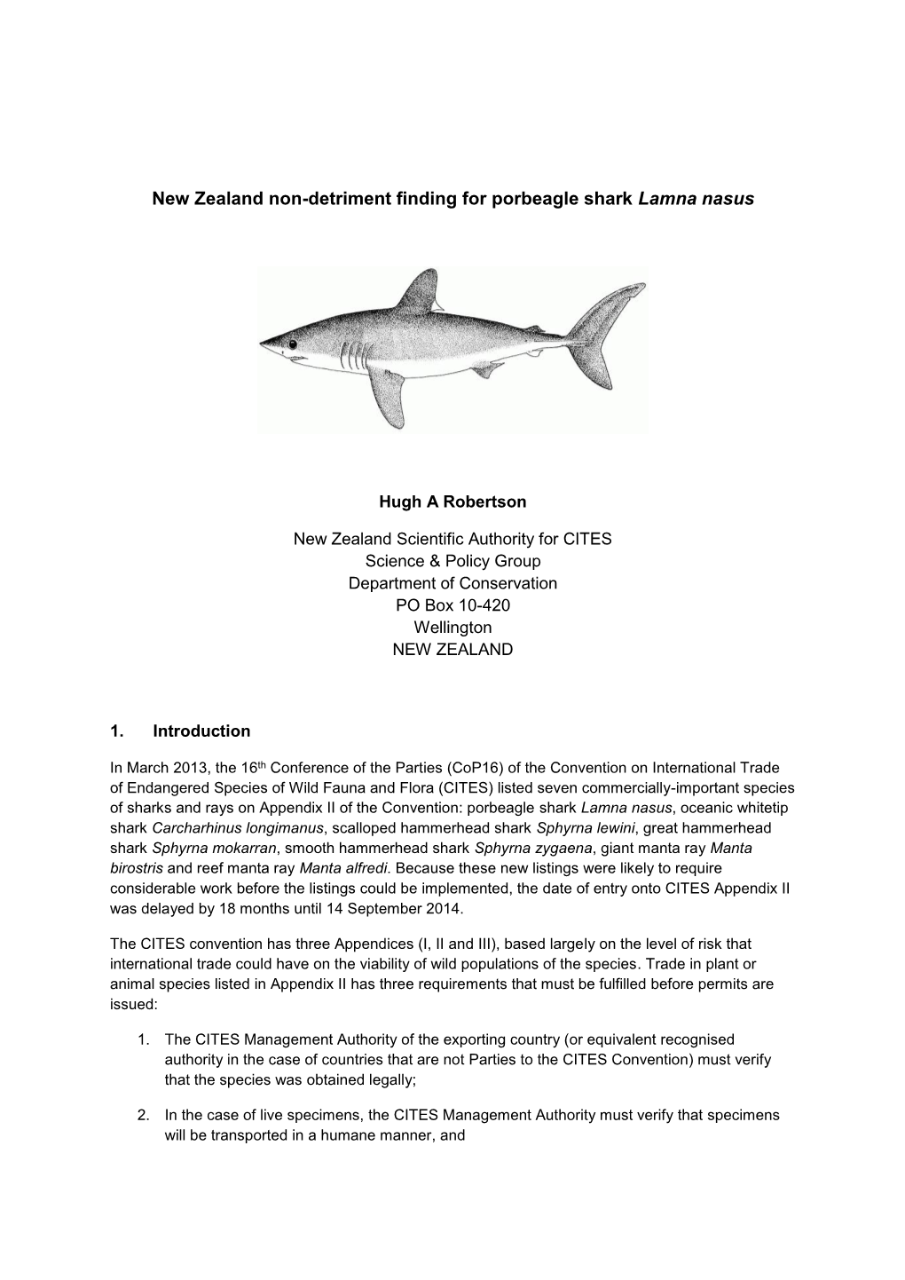 New Zealand Non-Detriment Finding for Porbeagle Shark Lamna Nasus