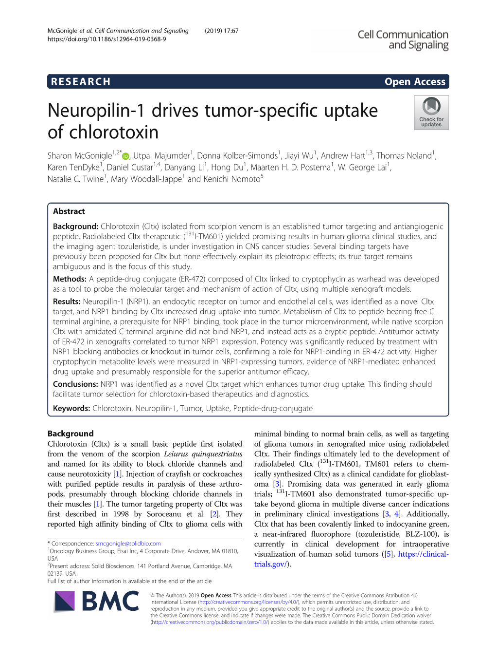 Neuropilin-1 Drives Tumor-Specific Uptake of Chlorotoxin