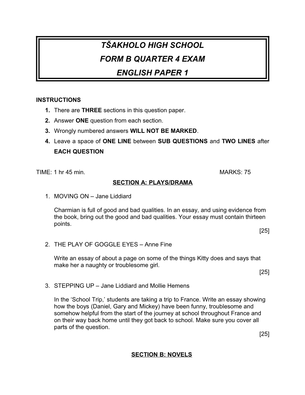 Tšakholo High School Form B Quarter 4 Exam