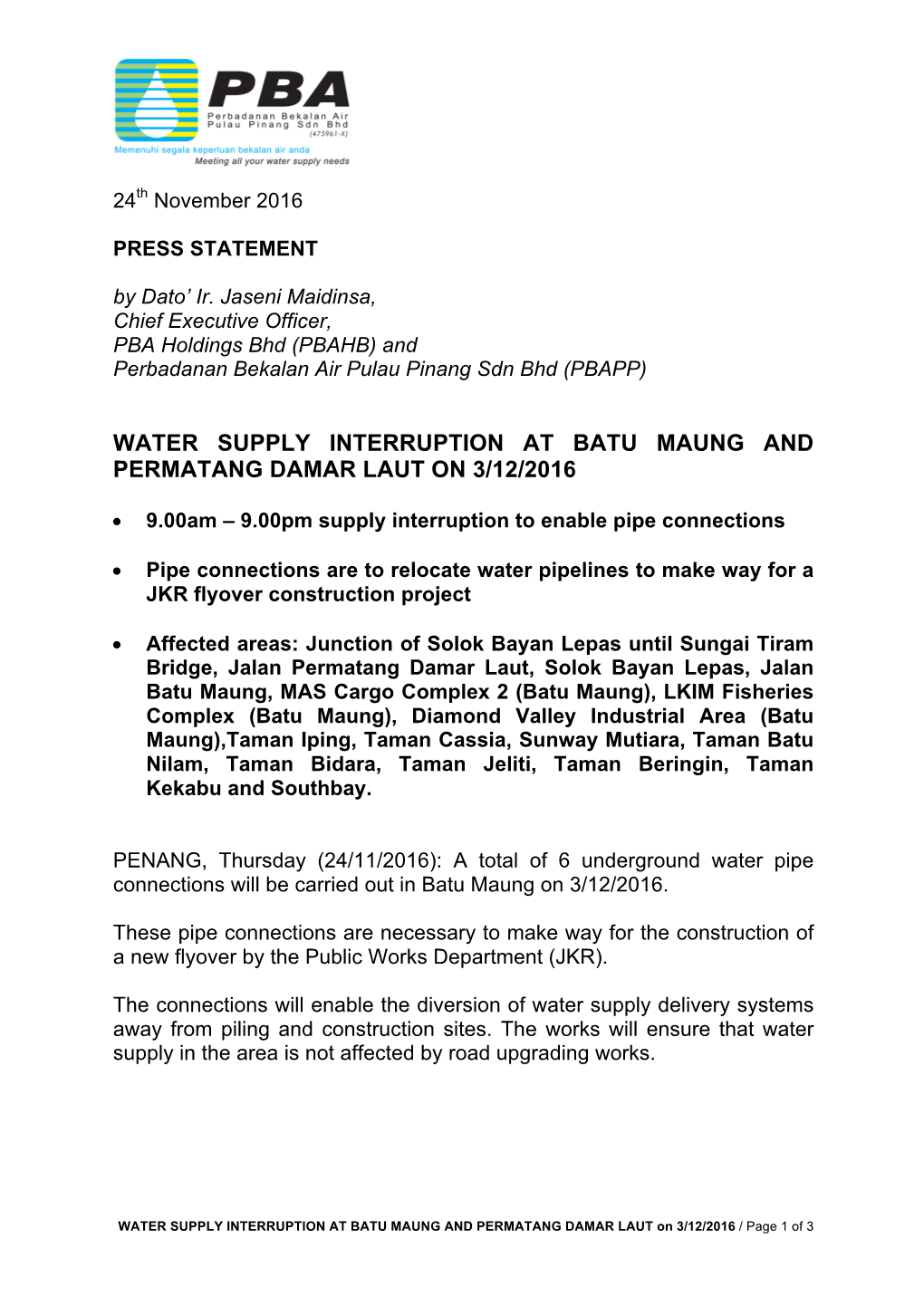 Water Supply Interruption at Batu Maung and Permatang Damar Laut on 3/12/2016