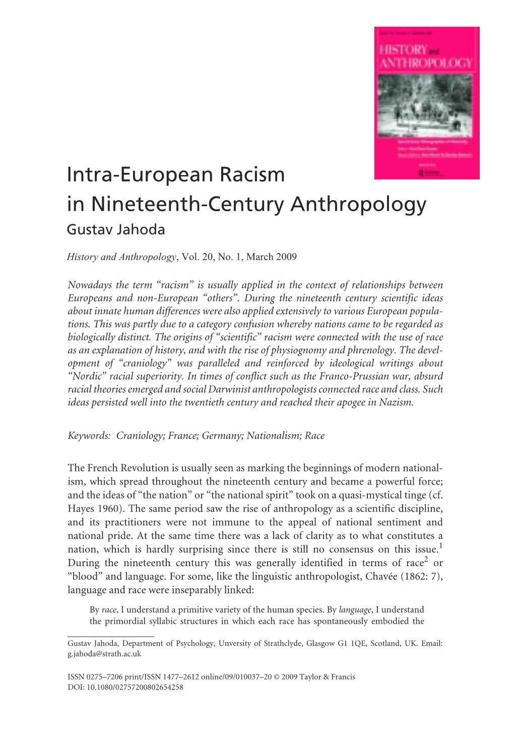 Intra-European Racism in Nineteenth-Century Anthropology Gustav Jahoda