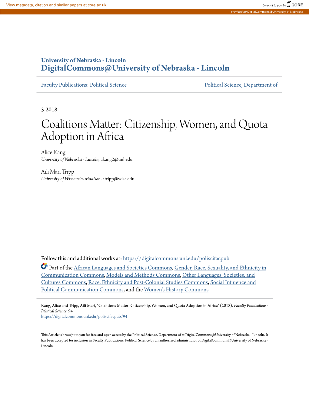 Citizenship, Women, and Quota Adoption in Africa Alice Kang University of Nebraska - Lincoln, Akang2@Unl.Edu