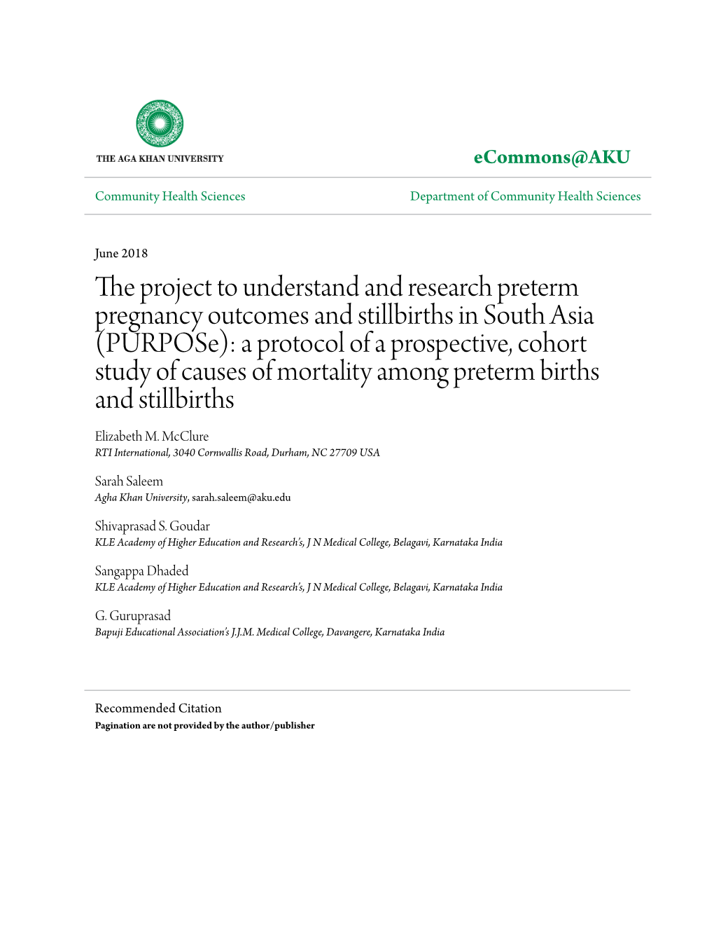 The Project to Understand and Research Preterm Pregnancy Outcomes and Stillbirths in South Asia