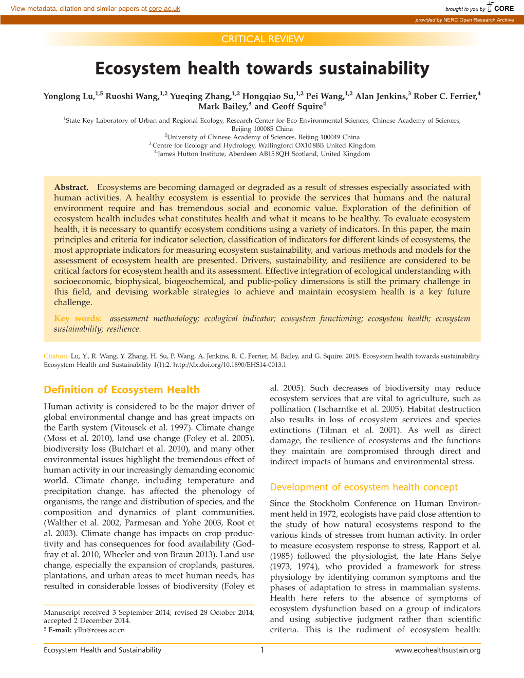 Ecosystem Health Towards Sustainability